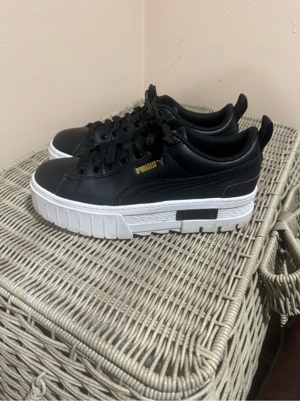 Puma Black Leather Platform Sneakers with White Sole